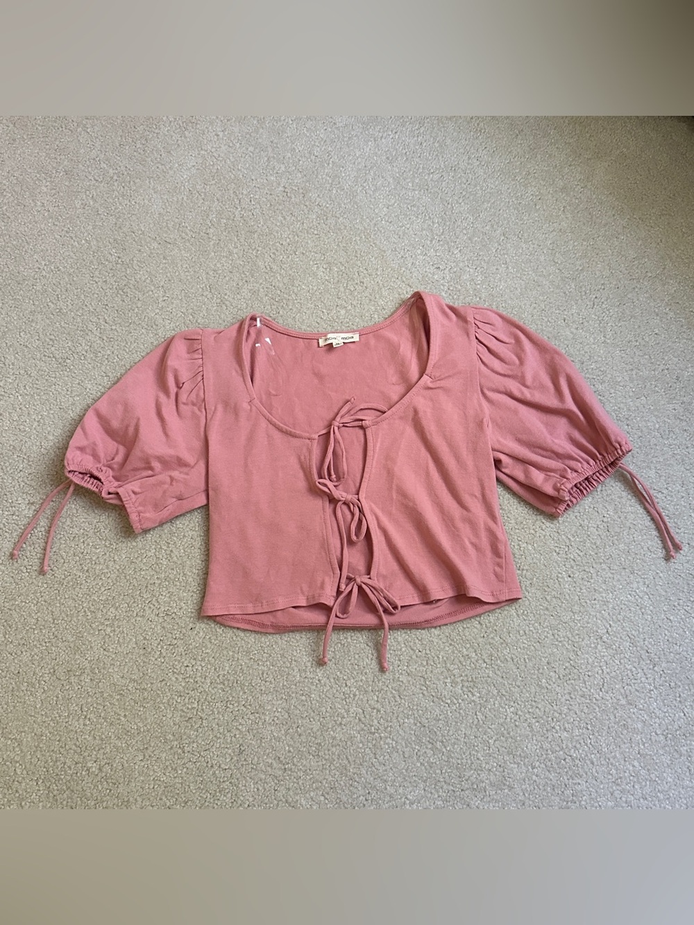 Moa Moa Women’s XS Rose Kitty Tee Tie Front Boho Puff Sleeve Crop Top